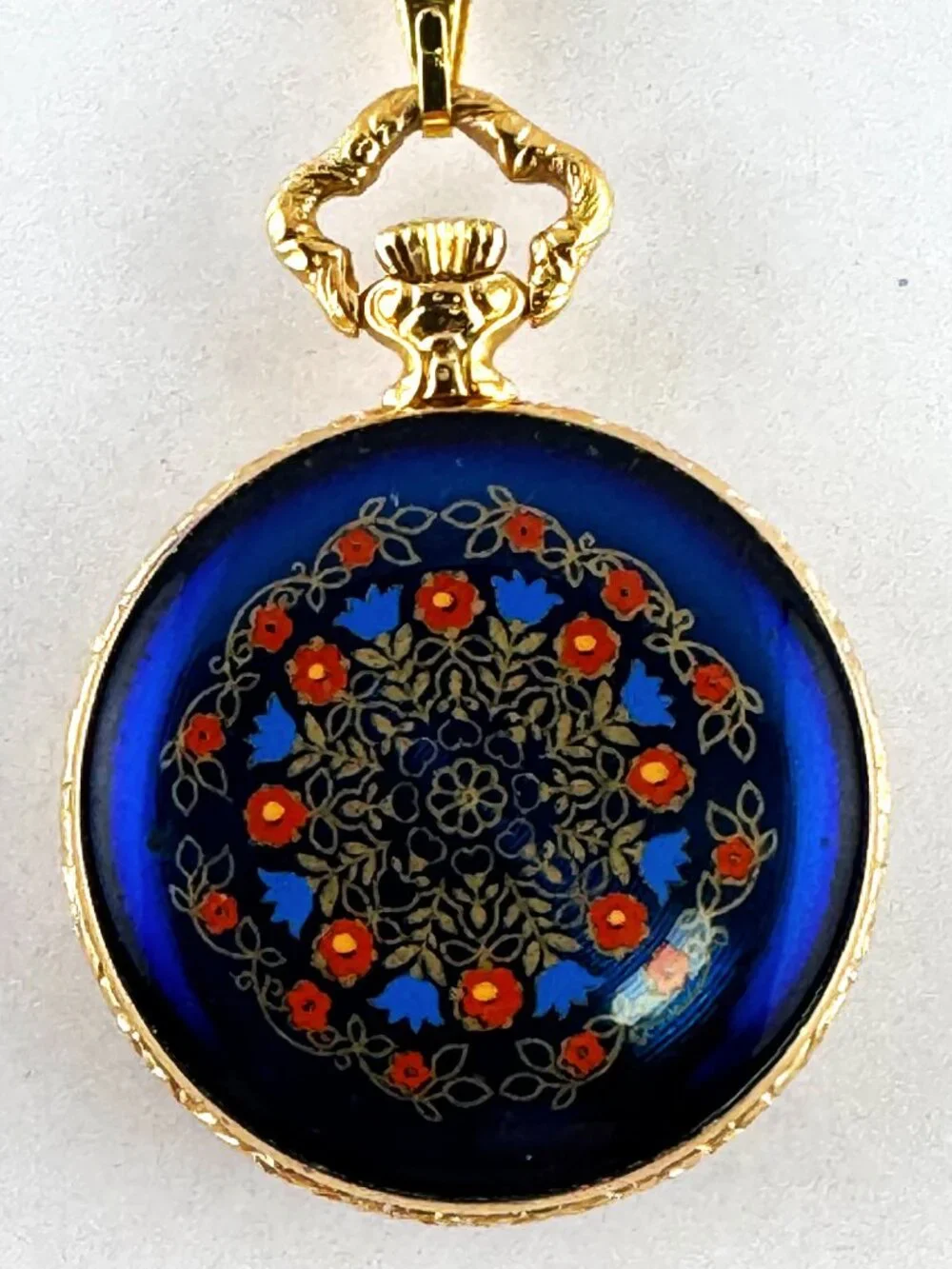 Vintage Hudson Gold Plated Pendant Watch with Blue Guilloche & Red Flower Motifs